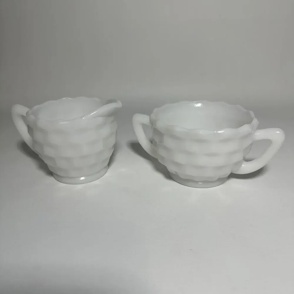 Hazel-Atlas Vintage Cubist Opaque Milk Glass Creamer and Sugar Bowl Set Vintage